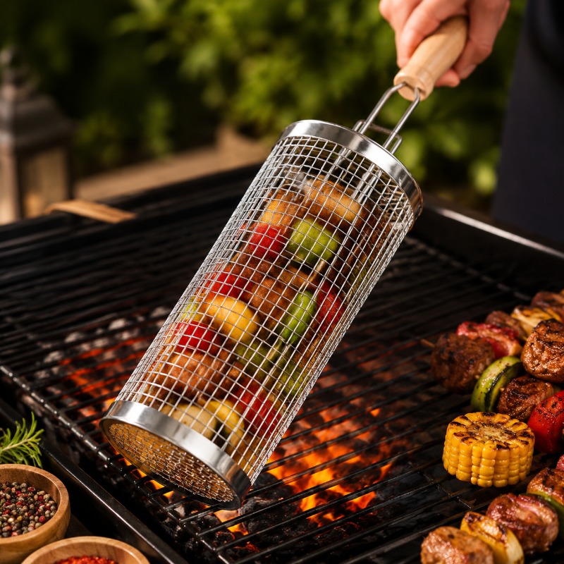 Round Barbecue Grill Basket Se - Camping Cooking Utensils Kit 评论和价格