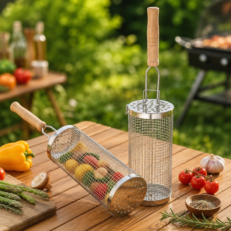 Round Barbecue Grill Basket Se - Camping Cooking Utensils Kit 评论和价格